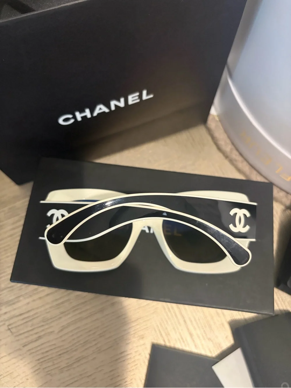 CHANEL 6059 Black and Milky White Square Oversized Sunglasses with Brown Lenses